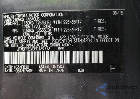 2015 Toyota Rav4 Le z USA, uszkodzony, nr VIN JTMBFREV0FD139773